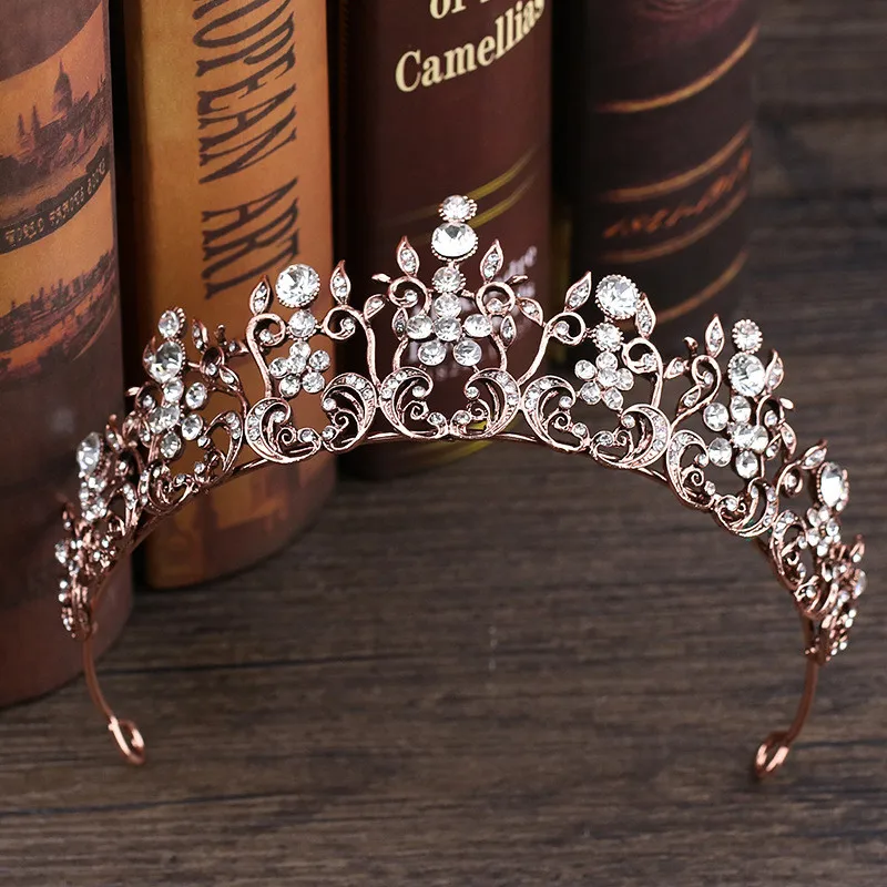 

Delicate Bronze Rhinestone Queen Diadem Women Wedding Tiaras Crown Bride Headpiece Headdress Princess Headwear Hair Jewelry