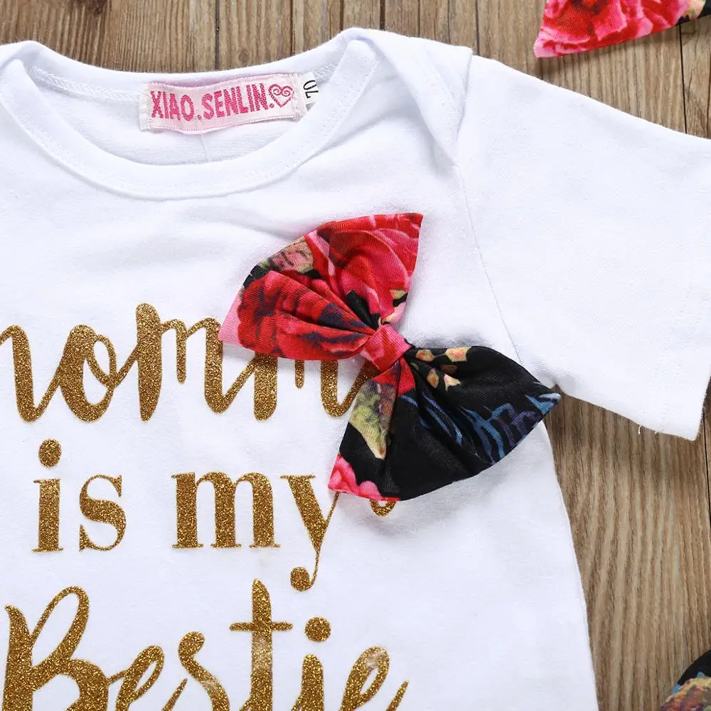 Комбинезон с принтом «Mommy is my Bestie» для маленьких девочек, штаны, повязка на голову, комплект из 3 предметов, детский комплект одежды с цветочным принтом