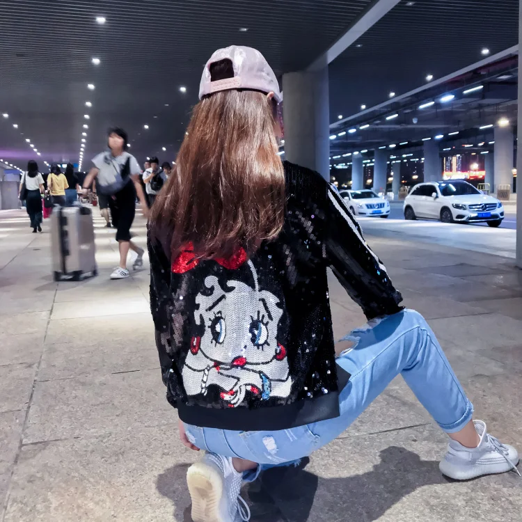 

Autumn and winter sequin jacket cartoon pattern loose zipper baseball uniform wild jacket short jacket tide