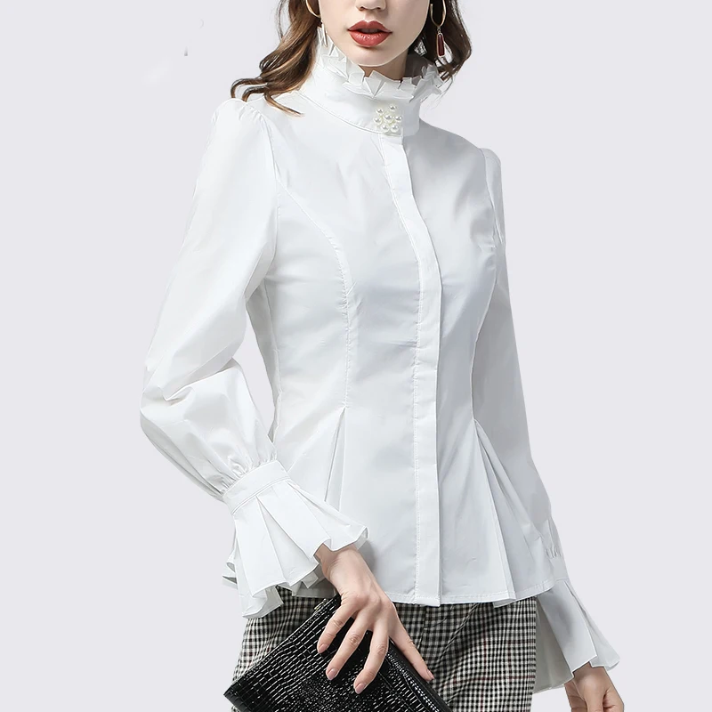 Camisa de cuello alto para mujer, Top de algodón con volantes, perlas y cuentas, manga acampanada, talla grande, ropa de trabajo elegante y ajustada - AliExpress