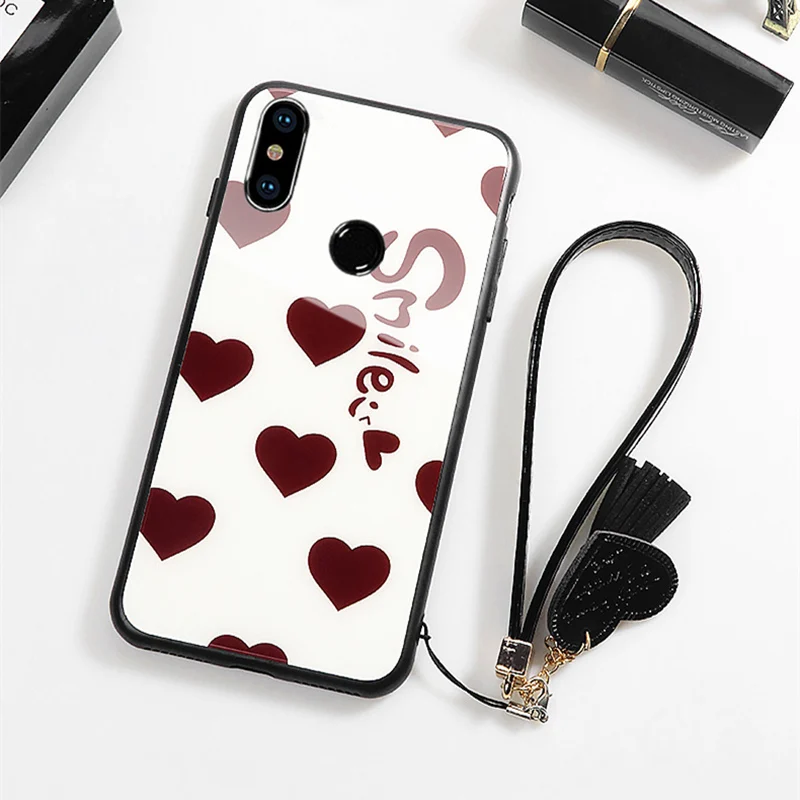 Case& Strap For Xiaomi Mi A3 A1 A2 Lite mi5x mi 6x Case Glass Hard Cover For Xiaomi Mi 5x 6x a3 Lite Smile Heart lanyard funda - Цвет: white