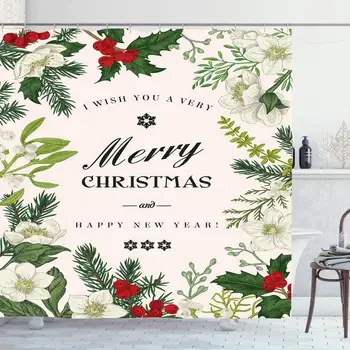 

Shower Curtain Set with Hooks 60x72 Mistletoe Christmas Xmas Wedding Spruce Botanical Twig Floral Holly Vintage Ilex Flower