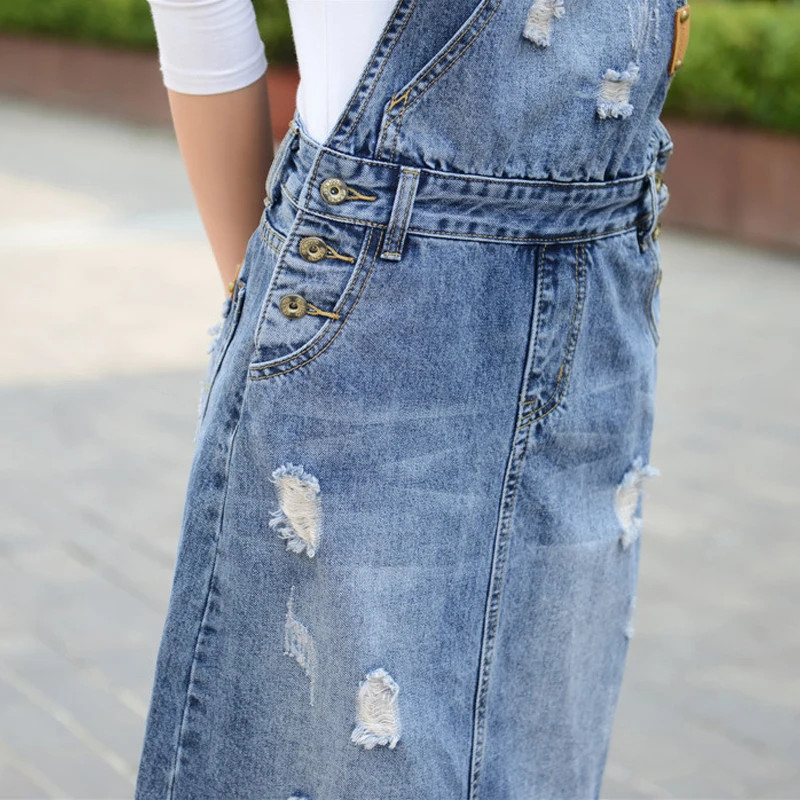 Gonna Jean con bretelle retrò da donna con tasca 2019 tuta con cinturino  strappato a vita alta estiva gonna in Denim con foro femminile|Skirts| -  AliExpress