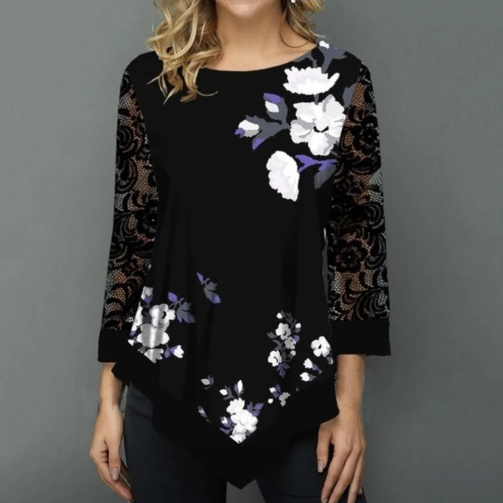 

LASPERAL Shirt Blouse Women Plus size Milk-silk Spring Floral Print Black Tops Patchwork 3/4 Lace Sleeve Elasticity Female Blusa