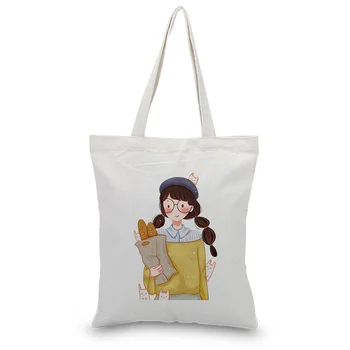 

Girl Pattern Canvas Tote Bag Handbag Daily Use Text DIY Custom Print Logo Shopping Bag Eco Reusable Recycle