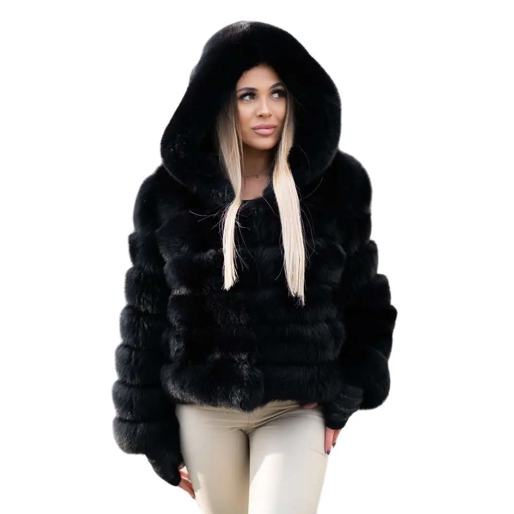 Fashion Short Real Fox Fur Jacket with Hood Women New Black Natural Fox Fur Coat Winter Trendy Warm Genuine Fur Overcoat Luxury