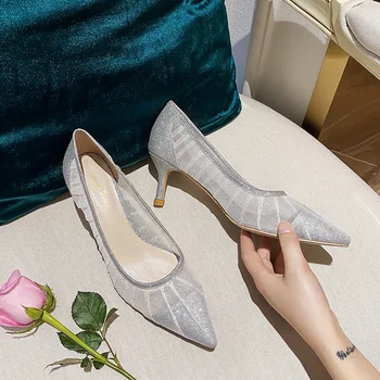 

JC net fairy single shoes women 2020 spring new pointy shallow mouth casual net red soft bottom high heels