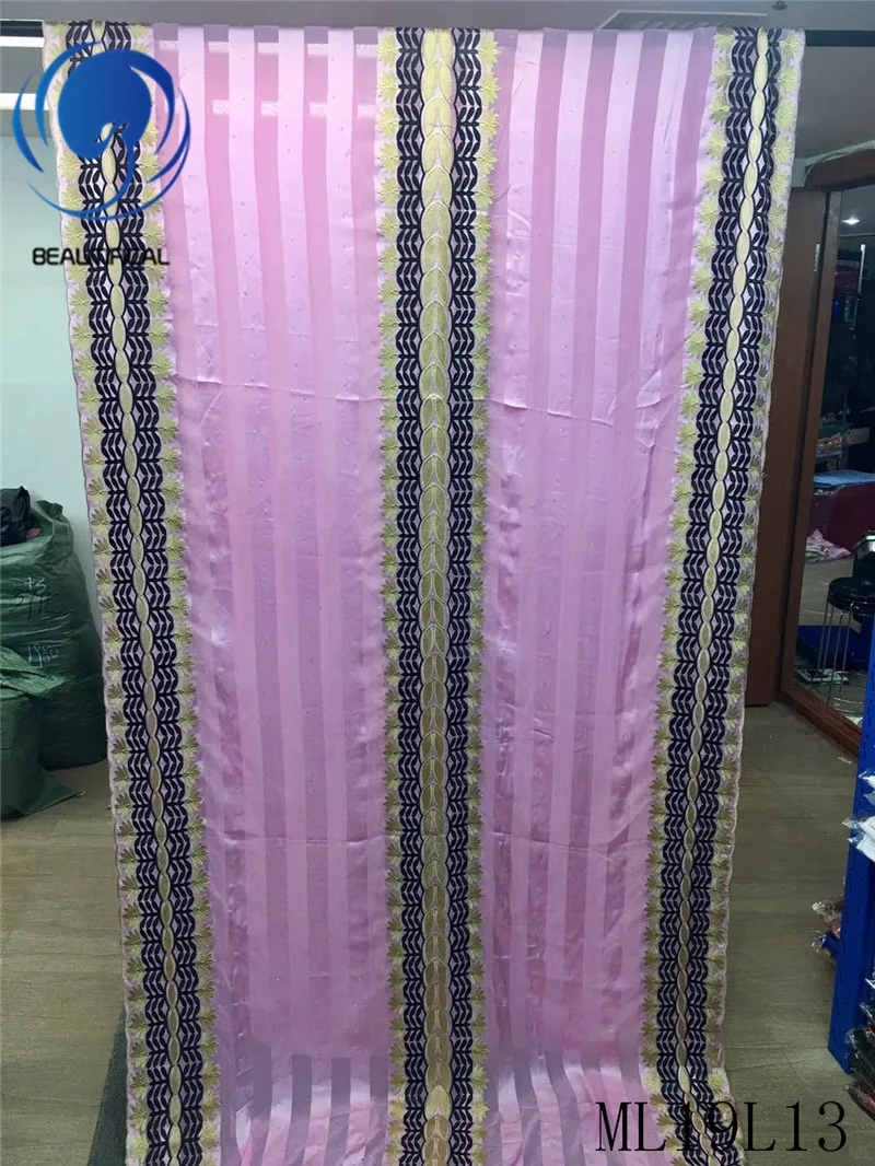 

BEAUTIFICAL african silk fabrics Latest style pink embroidery silk fabric for women 5+2yards ML19L13