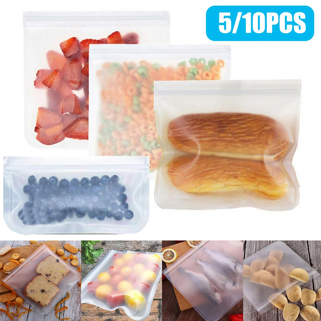 

5/10Pcs Silicone Food Fresh Keep Sealing Ziplock Bag Freezer Refrigerator Ziplock Preservation Storage Bags Container Reusable