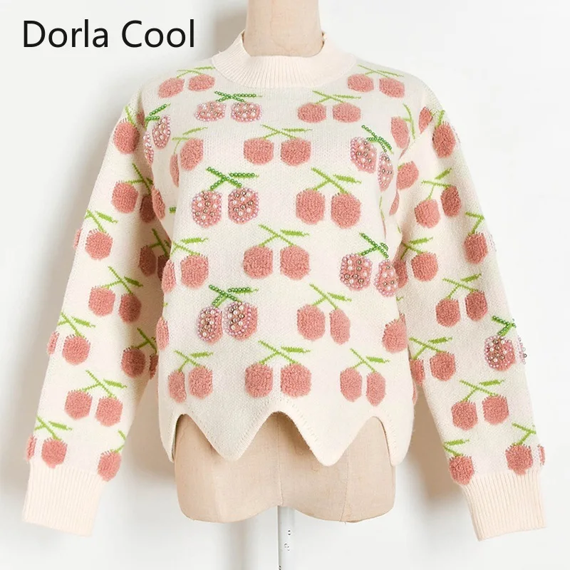 

New 2021 Designer Women Sweaters Luxury Beading Jacquard Cherry Loose Tops Sweet Girl's Chic Pullovers Party Cute Sweater Hot