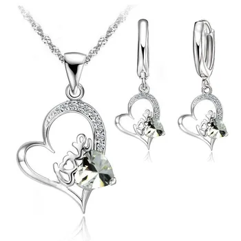 

925 Sterlng Jewelry Sets Plate lOVE IN HEART Cubic Zircon Pendant Necklace Leveback Earrings Jewelry Sets