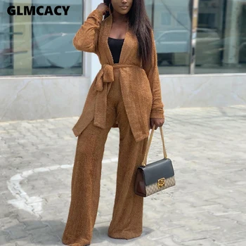 

Women 2 Pieces Outfits Autumn Woolen Brown Sashes Cardigans and Fuzzy Wide Leg Long Pants Set Chic Streetwear Workwear