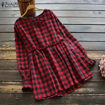 

2020 Spring Plaid Checked Blouse ZANZEA Women Vintage Long Sleeve Ruffles Shirt Casual O Neck Tunic Tops Femme Retro Blusas 5XL