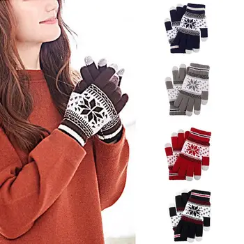 

1 Pair Autumn and winter Plus Velvet Padded Knit Warm Gloves Fashion Snowflake Finger Mitts Unisex Warm Gloves