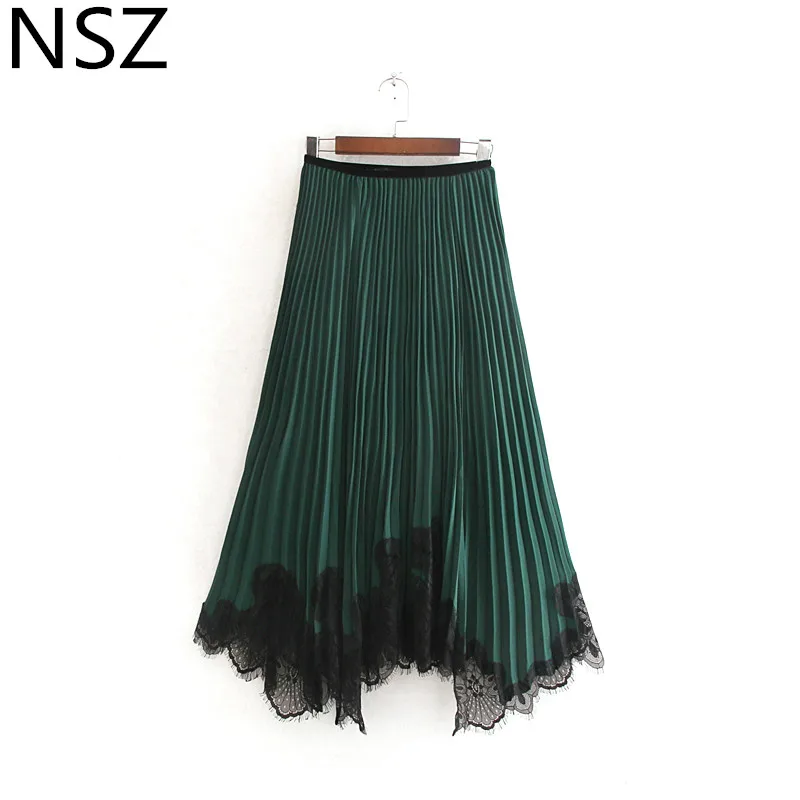 NSZ Женская бархатная плиссированная юбка элегантная кружевная юбка миди с Высокой Талией Модные асимметричные юбки - Цвет: Зеленый