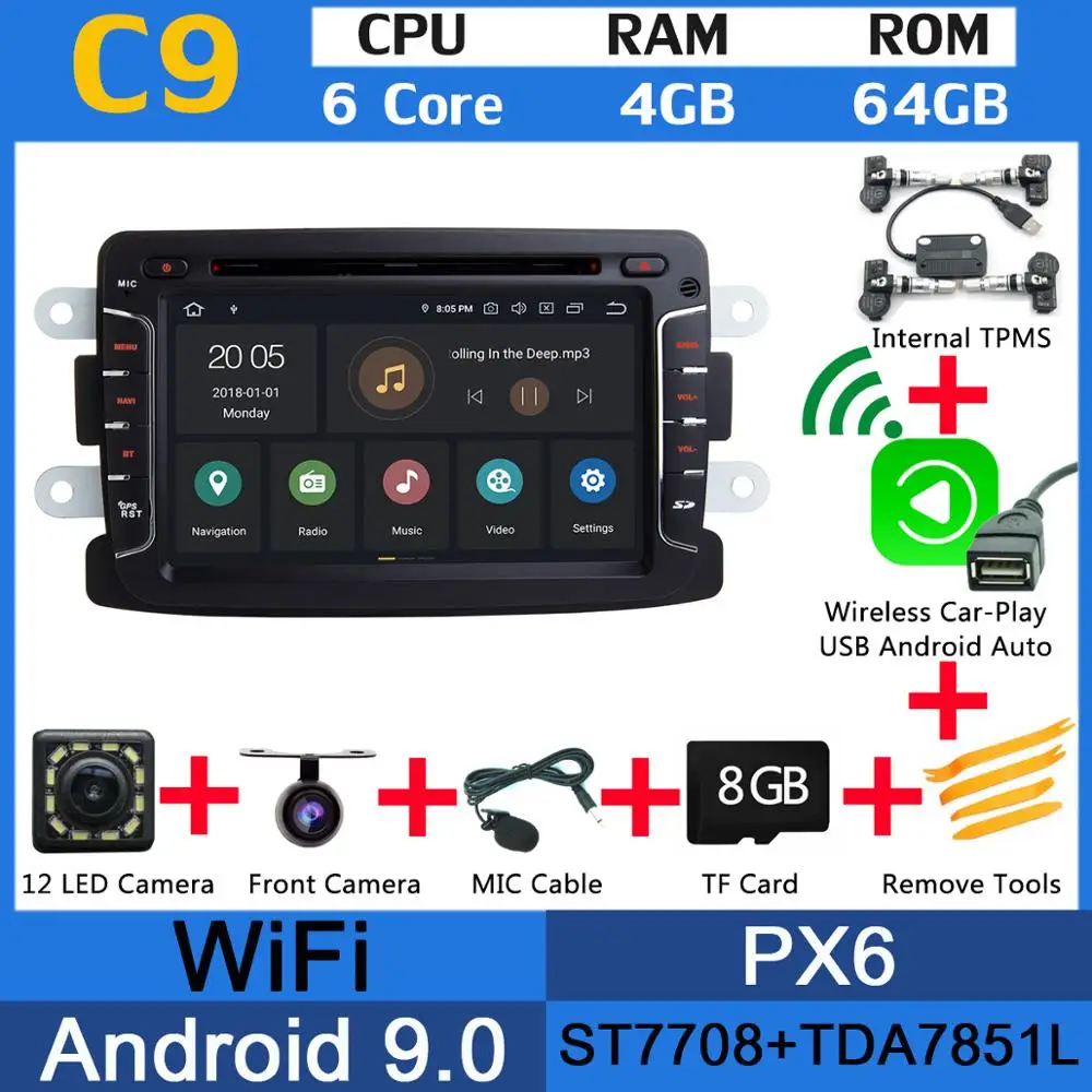 Android 9,0 PX6 4G+ 64G Автомобильный мультимедиа для Dacia Sandero Duster Renault Captur Lada Xray 2 Logan GSP радио головное устройство DSP CarPlay - Цвет: PX6 Wl CarPlay TPMS