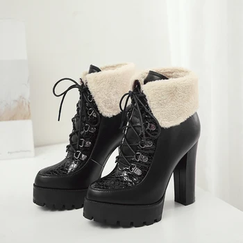 

Women Ankle Boots Autumn Winter Warm High Heels Shoes Woman Genuine Leather rouned Toe Elegant Office Pumps