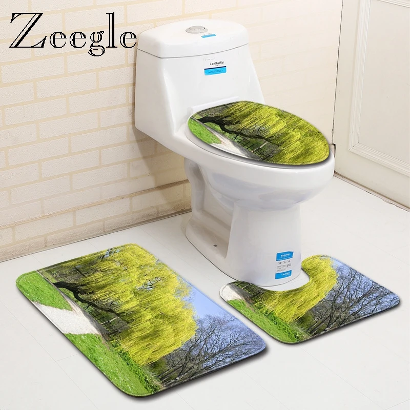 Zeegle 3pcs Bathroom Carpets Set Soft Flannel Floor Rug Non-slip Toilet Rugs Lid Cover Scenery Printed Shower Mats