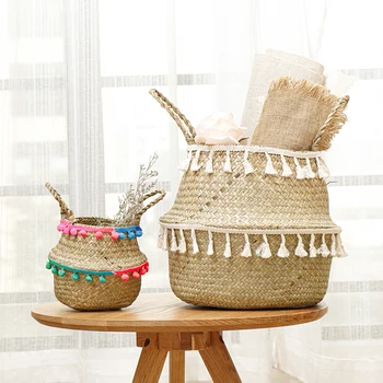 

Seagrass Woven Storage Basket Plant Wicker Hanging Baskets Garden Flower Vase Potted Foldable Pot with Handle Storage Basket