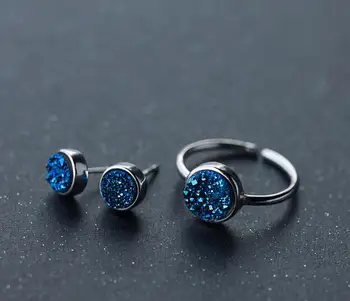 

100% Authentic 925 Sterling silver Blue Broken Stones handmade Blue Ore Necklace /Earrings Ring Set jEWELRY TLX892