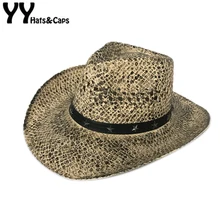 YY летние ковбойские мужские соломенные шляпы от солнца с широкими полями заклепки пятиконечная звезда джаз шляпа полая ковбойская пляжная шляпа CM19013