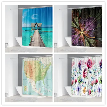 

Beautiful Flowers Printing Shower Curtains for Bathroom Polyester Fabric Beautiful Seaside Scenery Shower Curtains With 12 Hooks
