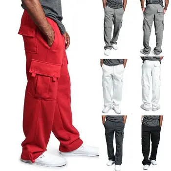

US Men's Jogger GYM Heavy Weight Fleece Cargo Pocket Sweat Pants With Drawstring Hip Hop Sport Plush Pocket