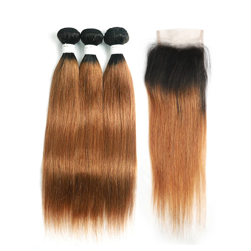 1B 27 Ombre Honey Blonde Brazilian Straight Bundles With Closure SOKU Human Hair Bundles 3 Bundles With Closure Non-Remy - Цвет: T1B-30