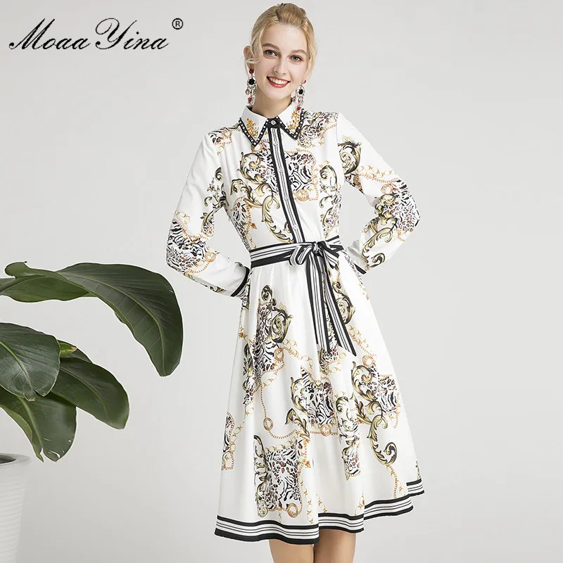 

MoaaYina Fashion Designer Runway dress Spring Autumn Women Dress Long sleeve Crystal Turn-down Collar Elegant Print Dresses
