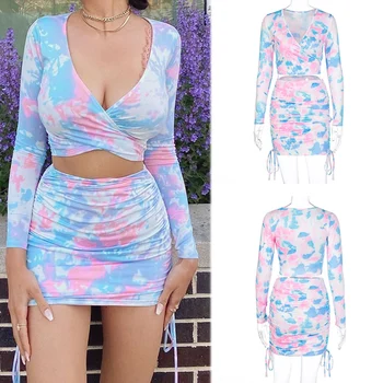 

Long Sleeve Tie Dyed Sexy Crop Top Skirt Ruched Bandage 2 Pieces Set Autumn Women Streetwear Tracksuit