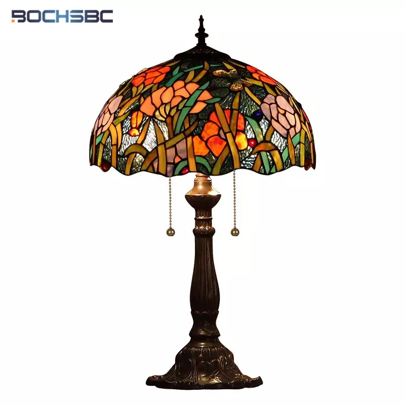 

BOCHSBC Tiffany Style Desk Lamps Rose Bunch Orchid Flower Stained Glass Handcraft Art Decor Antique Table Lights 16 " Lighting