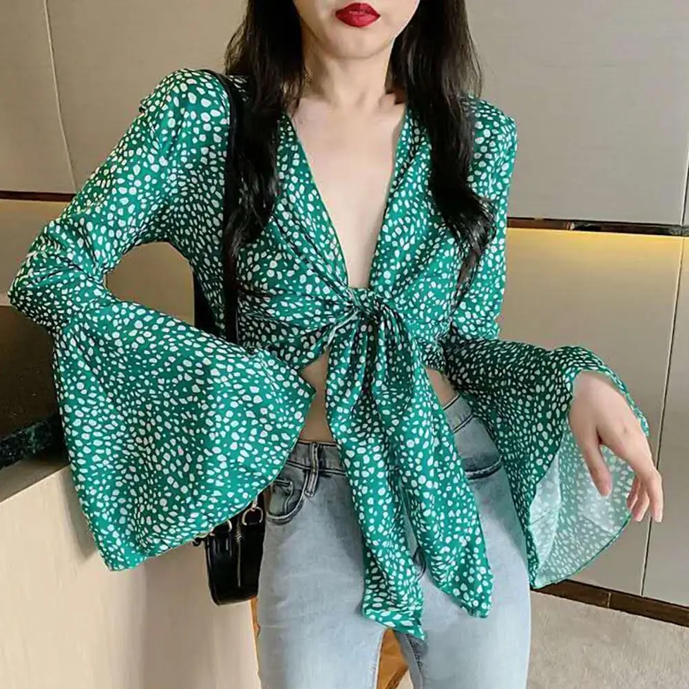 Fashion Women Blouse Spring Long Flare Sleeve Dots Print Open Front Chest Knot Female Shirt Blouse Woman Clothing 1