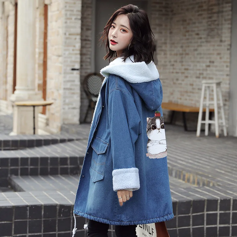 

2019 New Style Korean-style Students Printed Lambs Wool Mid-length Cowboy Hooded Brushed And Thick Coat WOMEN'S Dress