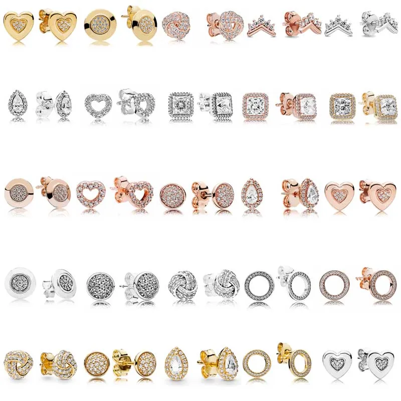 Pendientes de plata de ley 925 para mujer, aretes de moda de nudo de amor para mujer, con diseño de lágrima radiante Circular de color rosa y dorado