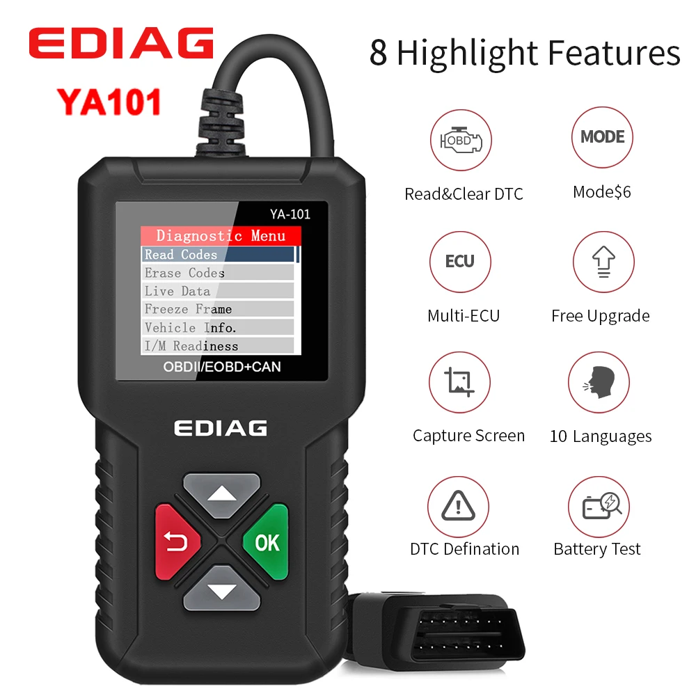 EDIAG YA101 OBD2 сканер кодов бесплатное обновление батареи tast удобно Авто OBD