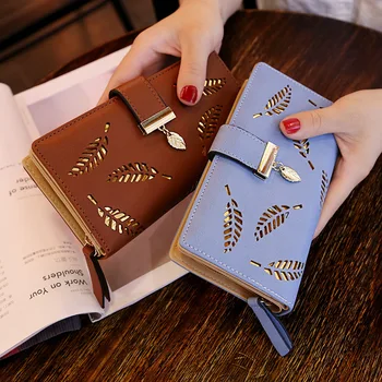 

New Style Women's Wallet Sweet Ladies' PU Leather Cross Zipper Women's Mid-length Hollow out Leaf Purse