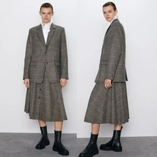 ZA Женская элегантная юбка твид Хаундстут клетчатая юбка миди галстук пуговицы украшение офисная одежда шикарные юбки до середины икры Свадьба Дата