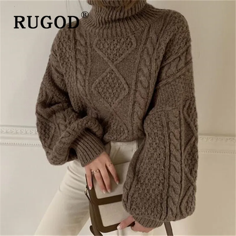 RUGOD, корейский стиль, водолазка с рукавом-фонариком, Одноцветный винтажный вязаный пуловер размера плюс, Женская мода