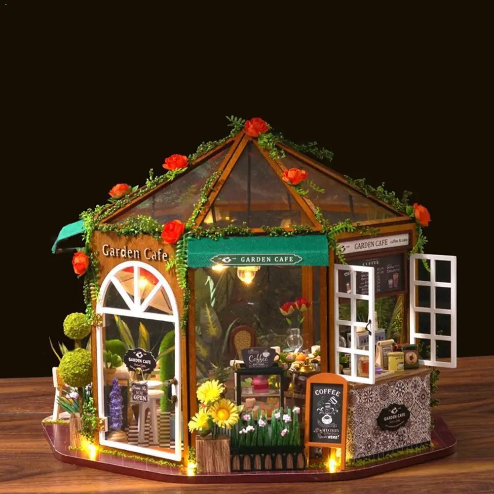 

Diy Hut Flower Room Coffee Handmade Assembled Model Creative Voice Toy Miniature Handmake Model Store Puzzle Control Wooden L9F3