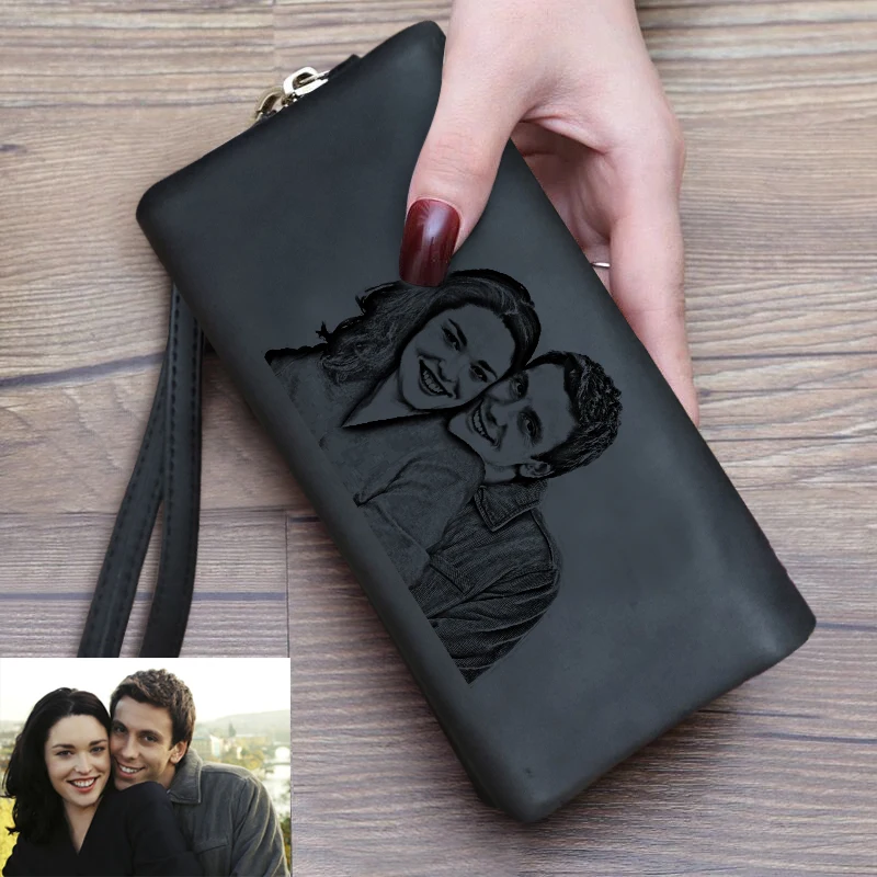 Photo Wallet Engraved Custom Double-Zipper Women Long Ladies Gift for Mom Her Personalized