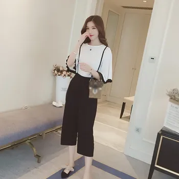 

Women Sets Clothes Flare Sleeve Thin Shirt Strap Wide Leg Pants Causal Two Piece Set Chic Ensemble Femme Short Casual Summer