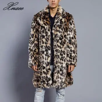 

Mens Leopard Plus Thickening Long Coat Warm Thick Fur Collar Coat Jacket Faux Fur Parka Cardigan male fashion gentleman Style