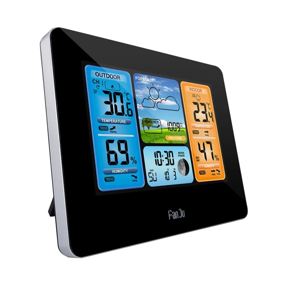 Goedkoop Draadloze Weerstation Kleur Weerbericht Met Alert Temperatuur Vochtigheid Barometer Alarm Maan Fase Kleurrijke Weersverwachting