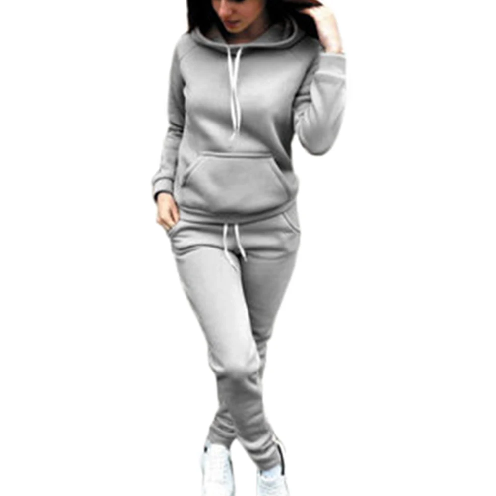 Повседневный Спортивный костюм, Женская толстовка с капюшоном, Толстовка и штаны на шнурке, комплект женской одежды, теплый зимний женский комплект из 2 предметов размера плюс - Цвет: Gray