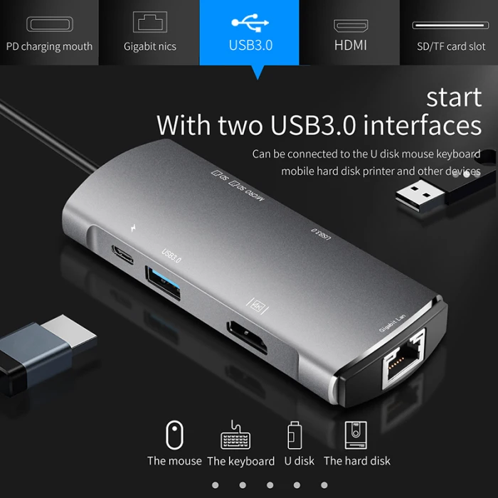 7-в-1 многопортовый концентратор Тип с разъемами типа C и USB3.0 HDMI устройство для чтения карт SD TF Ethernet адаптер VDX99