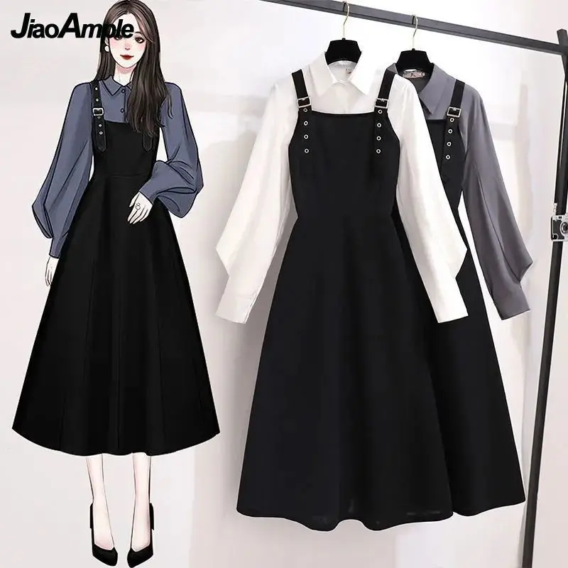 Oversize Autumn 2 Pieces Dress Set Women Outfits 2021 New Office Lady Graceful Puff Sleeve Shirt+Overalls Dresses Suits Clothes