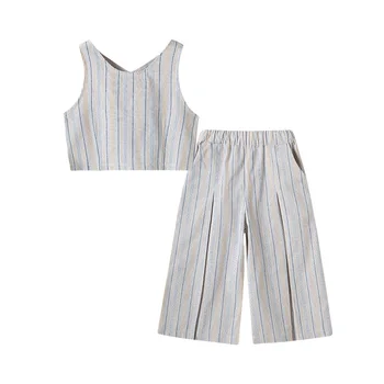 

2020 Summer Girls Clothing Set Kids Stripe Shirt and Wide Leg Pants Set for Teen Girls Cotton Baby Girls Two Piece Set