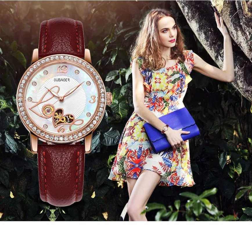 

Watch Fashion Women Automatic Self-wind Mechanical Watches Gift Leather Strap Diamonds Ladies Dress WristWatch