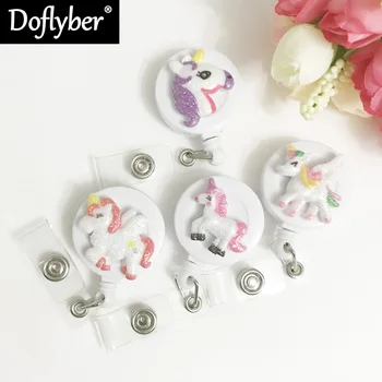 

Cute Glitter Cartoon Unicorn Retractable Badge Reel Student Nurse Exihibiton IC ID Name Card Badge Holder Office Supplies