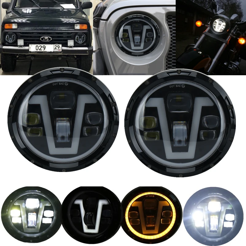 Для Лада Нива 4X4 7 ''halo Фары 7'' круглый светодиодный налобный фонарь с DRL ангельские глазки фары для Land Rover Defender ВАЗ 2101 harley